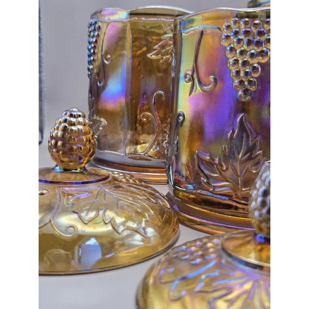 Vintage Carnival Glass Marigold Harvest Grape Canisters BX